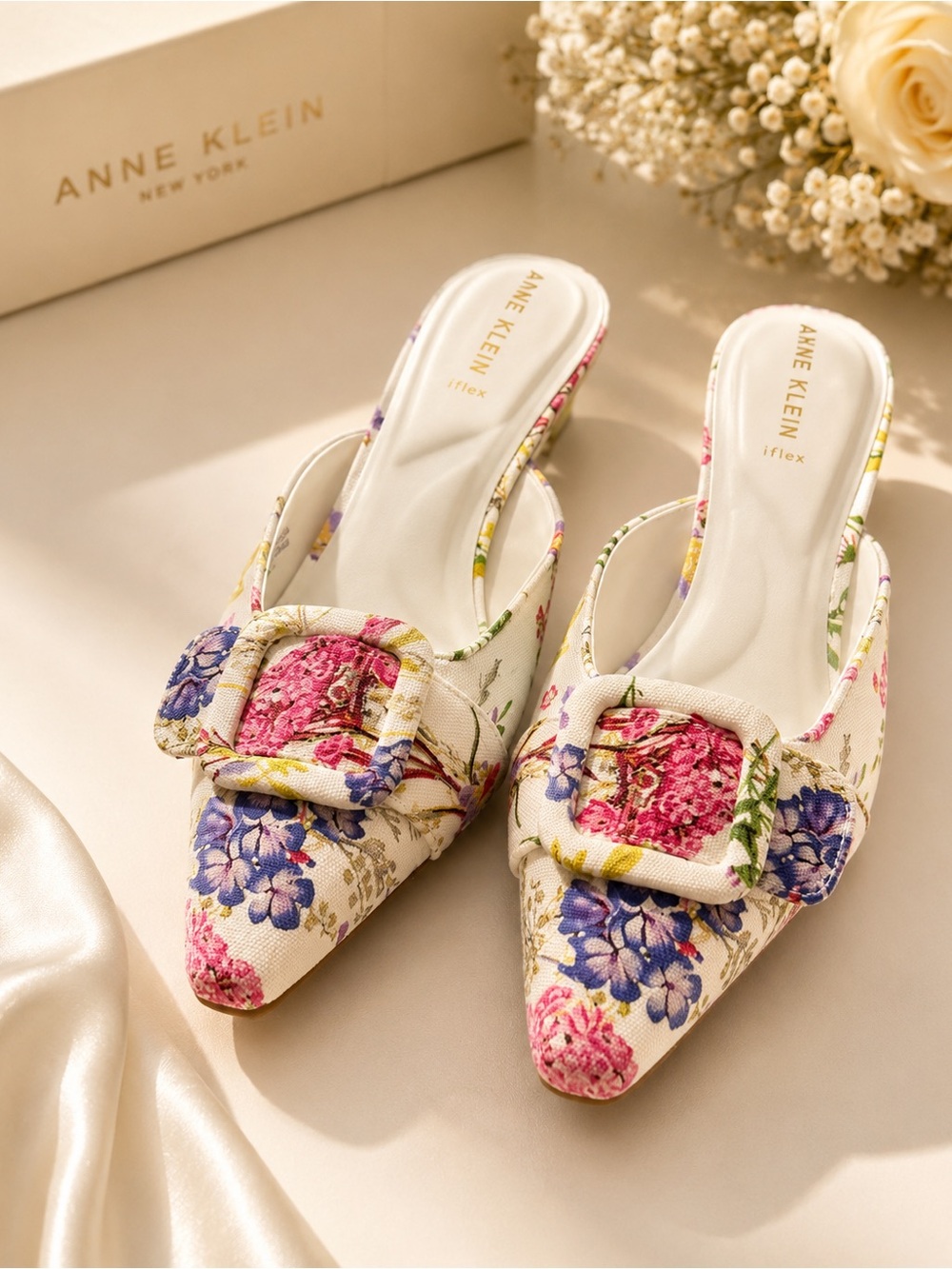 Anne Klein Cream Floral Pointed Mules with Pink & Blue Accents